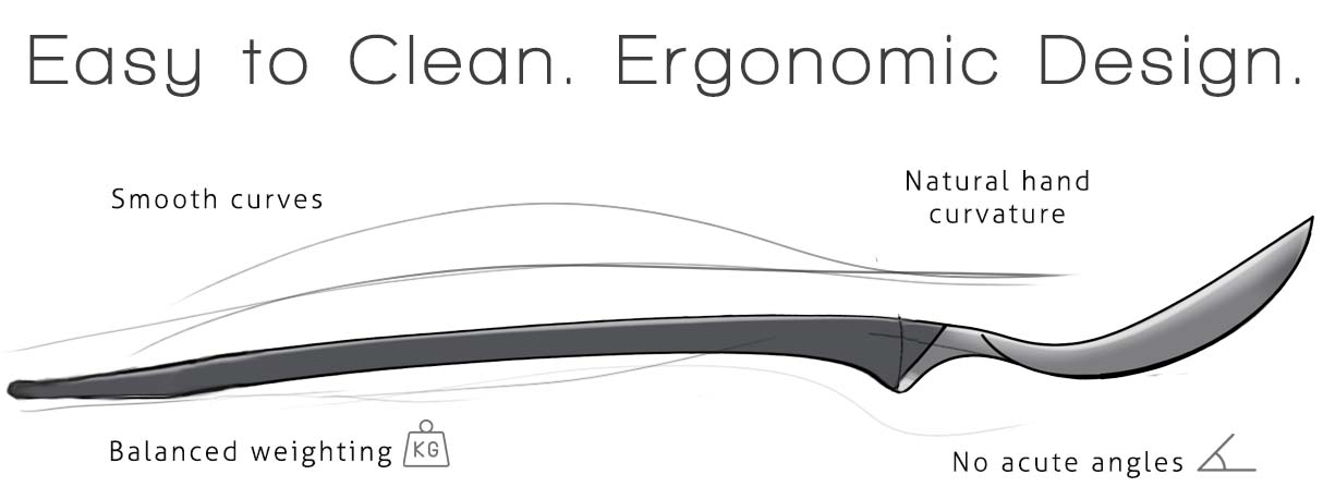 Side profile of Floatware spoon highlighting ergonomic, easy-to-clean design